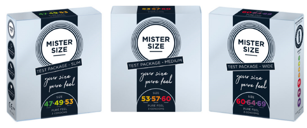 Drie verschillende Mister Size condoom testverpakkingen