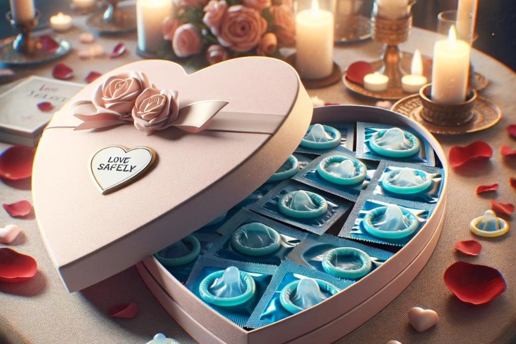 Préservatifs dans une boîte en forme de cœur pour la Saint-Valentin